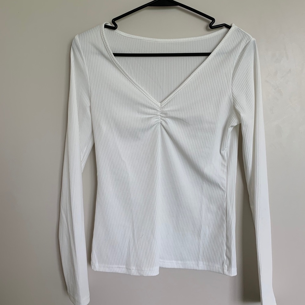 White ribbed ruche detail long sleeve